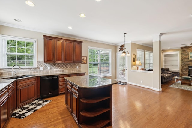 2041 Valley Brook Dr, Brentwood, TN 37027 - kitchen featuring dishwasher, a sink, open shelves, open floor plan, and light wood-type flooring
