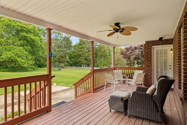 2041 Valley Brook Dr, Brentwood, TN 37027 - wooden deck featuring a ceiling fan and view of wooded area