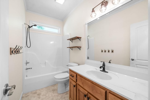 full bath featuring crown molding, toilet, vanity, and washtub / shower combination