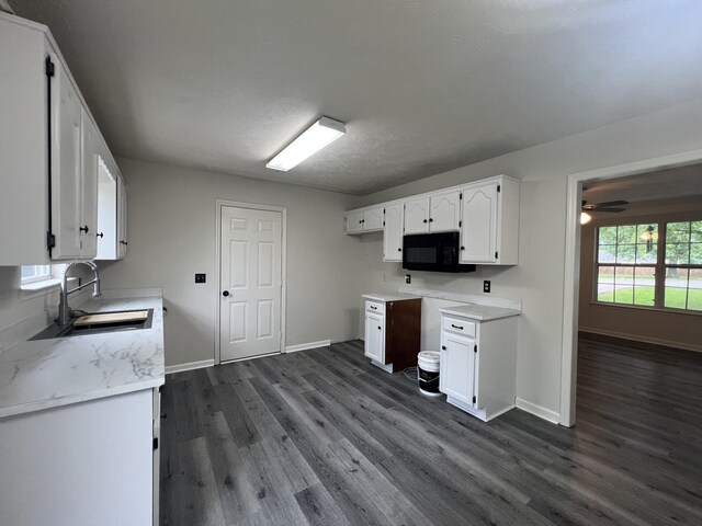 105 Vernon Traylor Dr, Smyrna, TN 37167 - kitchen with a sink, black microwave, dark wood finished floors, white cabinetry, and baseboards