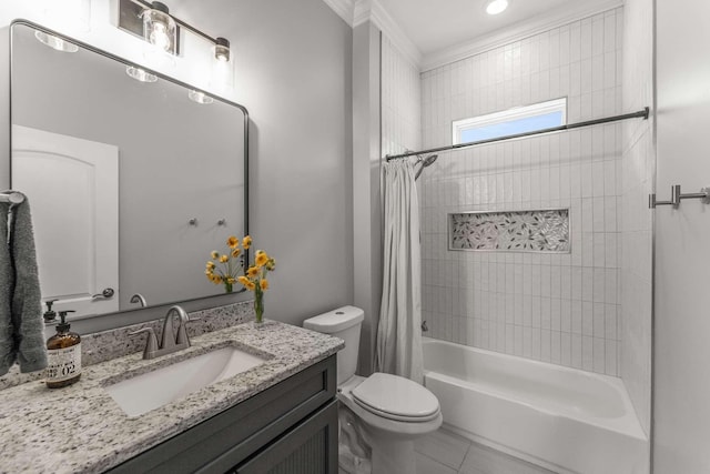 full bath featuring shower / tub combo with curtain, vanity, toilet, and tile patterned floors