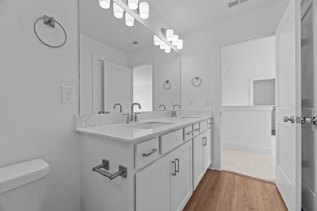 bathroom featuring wood finished floors, toilet, and double vanity