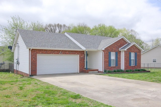 ranch-style home with a garage, roof with shingles, concrete driveway, and brick siding
