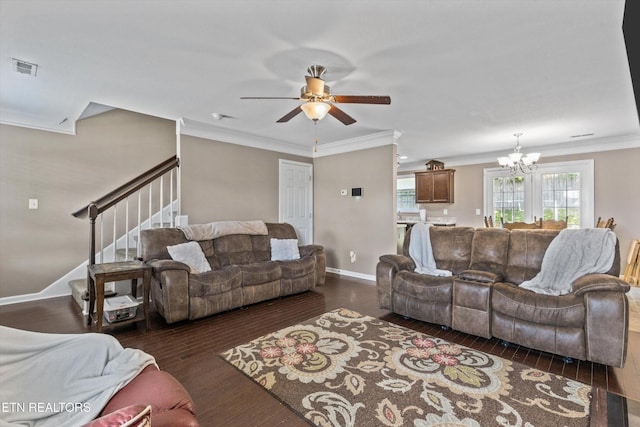 516 Trainmaster Dr, Maryville, TN 37804 - living area featuring a chandelier, a ceiling fan, hardwood / wood-style flooring, stairs, and crown molding