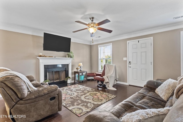 516 Trainmaster Dr, Maryville, TN 37804 - living area featuring a ceiling fan, crown molding, a fireplace, hardwood / wood-style flooring, and baseboards