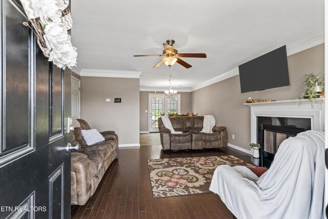 516 Trainmaster Dr, Maryville, TN 37804 - living room with ceiling fan, baseboards, hardwood / wood-style floors, a fireplace, and crown molding