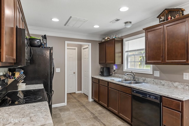 516 Trainmaster Dr, Maryville, TN 37804 - kitchen featuring black appliances, a sink, crown molding, light countertops, and dark brown cabinetry