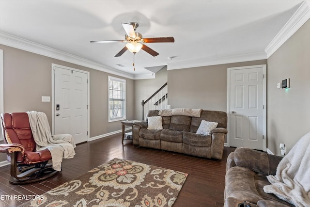 516 Trainmaster Dr, Maryville, TN 37804 - living room featuring hardwood / wood-style floors, stairs, a ceiling fan, crown molding, and baseboards