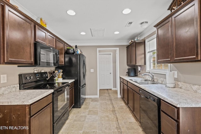 516 Trainmaster Dr, Maryville, TN 37804 - kitchen featuring black appliances, a sink, crown molding, dark brown cabinets, and light countertops