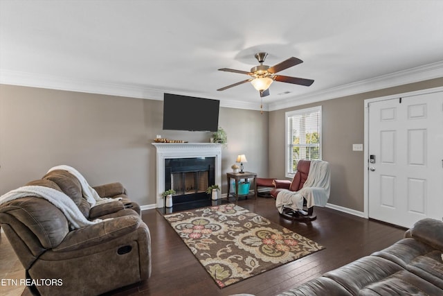 516 Trainmaster Dr, Maryville, TN 37804 - living room with ceiling fan, ornamental molding, baseboards, hardwood / wood-style flooring, and a fireplace with flush hearth