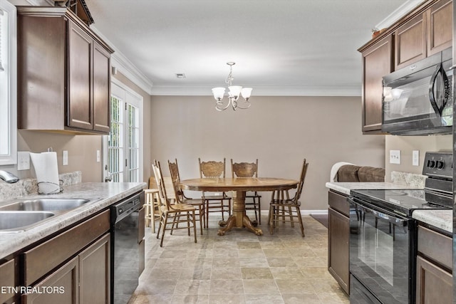 516 Trainmaster Dr, Maryville, TN 37804 - kitchen featuring black appliances, a sink, a chandelier, crown molding, and dark brown cabinets