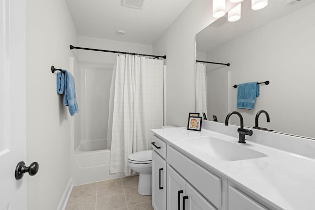 bathroom with toilet, vanity, tile patterned floors, and shower / tub combo with curtain