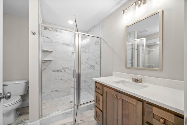1912 Flats Rd, Cunningham, TN 37052 - full bathroom with marble look tile flooring, a marble finish shower, toilet, and vanity