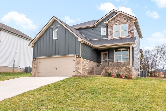1912 Flats Rd, Cunningham, TN 37052 - craftsman inspired home featuring board and batten siding, a porch, concrete driveway, central AC unit, and a front lawn