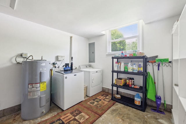 washroom with electric water heater, independent washer and dryer, and electric panel