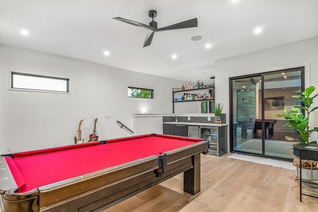 4303A Utah Ave, Nashville, TN 37209 - rec room featuring wine cooler, a bar, ceiling fan, light wood finished floors, and billiards table