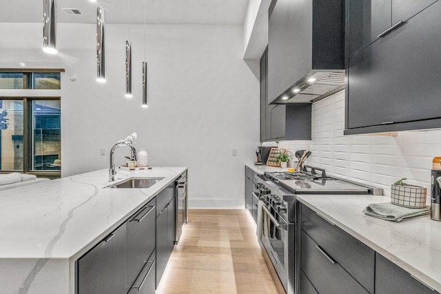 4303A Utah Ave, Nashville, TN 37209 - kitchen with a sink, high end range, wall chimney exhaust hood, tasteful backsplash, and light wood-style flooring