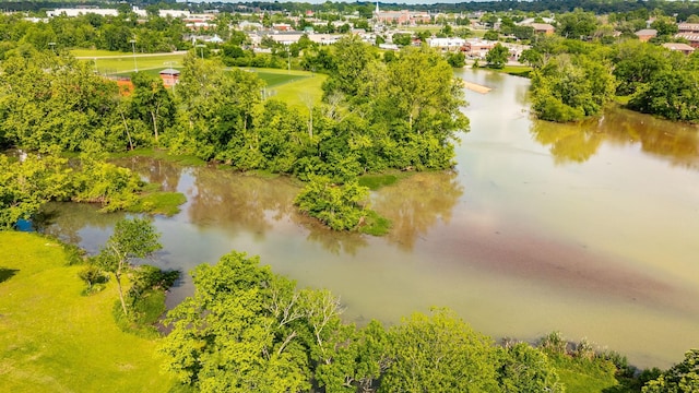bird's eye view of a nearby body of water and a tree filled landscape