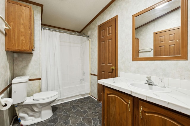 bathroom featuring ornamental molding, toilet, vanity, and shower / tub combo