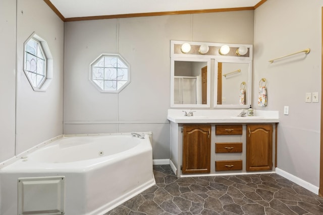 full bathroom featuring baseboards, a jetted tub, a shower stall, double vanity, and crown molding