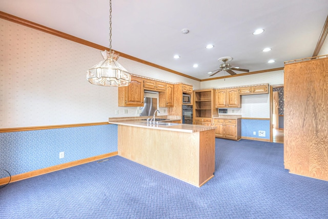 145 Dekewood Dr, Old Hickory, TN 37138 - kitchen featuring dark colored carpet, oven, crown molding, recessed lighting, and a peninsula