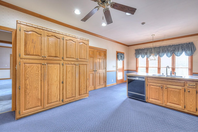 145 Dekewood Dr, Old Hickory, TN 37138 - kitchen featuring dishwasher, a sink, carpet flooring, ceiling fan, and crown molding