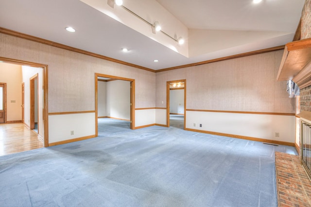 145 Dekewood Dr, Old Hickory, TN 37138 - unfurnished room with a fireplace, baseboards, carpet flooring, ornamental molding, and recessed lighting