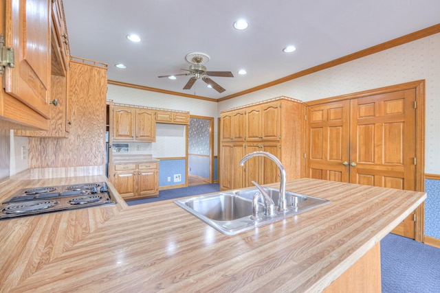 145 Dekewood Dr, Old Hickory, TN 37138 - kitchen featuring a sink, light countertops, ornamental molding, ceiling fan, and electric cooktop