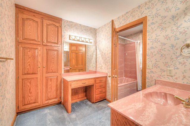 145 Dekewood Dr, Old Hickory, TN 37138 - full bath with wallpapered walls, shower / bath combo with shower curtain, and vanity