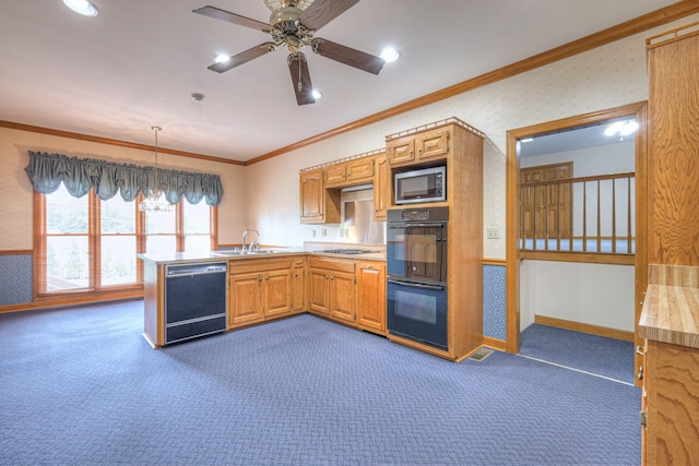145 Dekewood Dr, Old Hickory, TN 37138 - kitchen featuring black appliances, dark colored carpet, a sink, ornamental molding, and ceiling fan