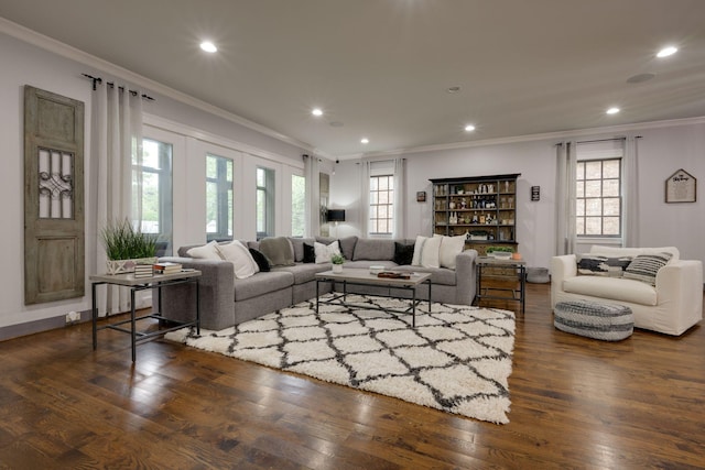 living room with crown molding, recessed lighting, and dark wood-type flooring