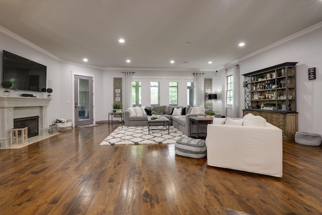 living area with crown molding, a dry bar, wood finished floors, recessed lighting, and a premium fireplace