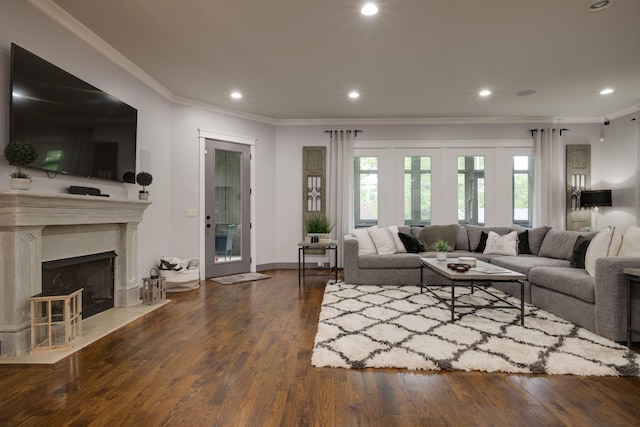 living area featuring wood finished floors, crown molding, recessed lighting, a fireplace, and baseboards
