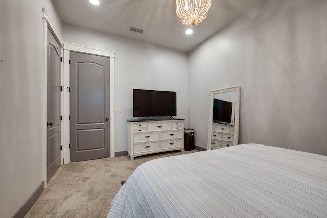 bedroom featuring carpet flooring, a chandelier, baseboards, and recessed lighting
