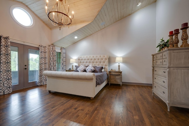 bedroom with high vaulted ceiling, access to outside, wood ceiling, a chandelier, and dark wood-style flooring