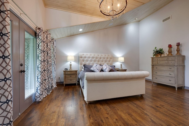 bedroom featuring wooden ceiling, lofted ceiling, a chandelier, dark wood-style floors, and recessed lighting