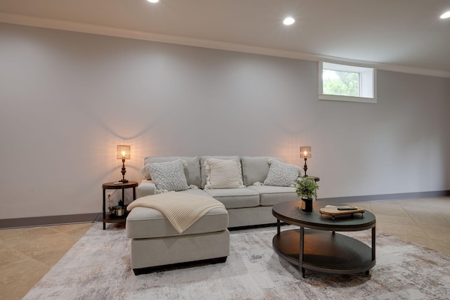 living area featuring crown molding, recessed lighting, baseboards, and light tile patterned flooring