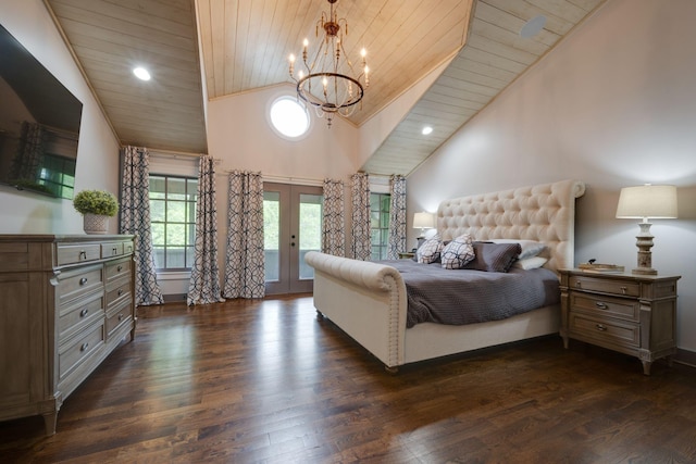 bedroom featuring wooden ceiling, a chandelier, access to outside, french doors, and high vaulted ceiling