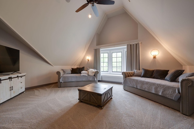 living room with light colored carpet, lofted ceiling, ceiling fan, and baseboards