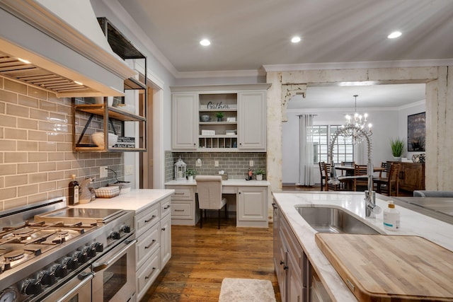 kitchen featuring double oven range, ornamental molding, open shelves, light countertops, and custom exhaust hood