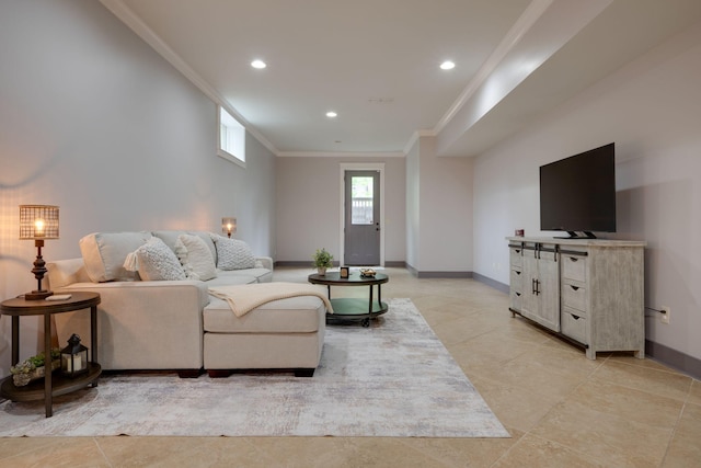 living area featuring ornamental molding, baseboards, light tile patterned floors, and recessed lighting