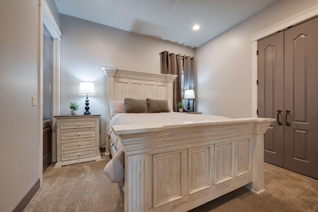 bedroom with carpet flooring, recessed lighting, and baseboards