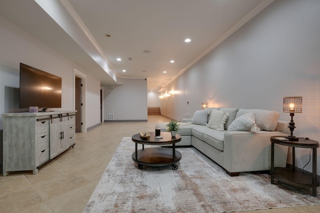 living room featuring ornamental molding, recessed lighting, light tile patterned flooring, and baseboards