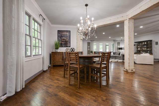 dining room with ornamental molding, dark wood-type flooring, a chandelier, baseboards, and recessed lighting