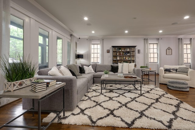 living room featuring crown molding, plenty of natural light, recessed lighting, and wood finished floors