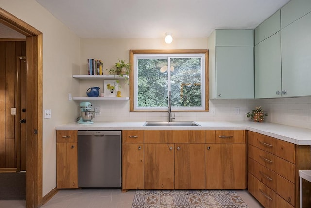 2413 Dundee Ln, Nashville, TN 37214 - kitchen with dishwasher, backsplash, light countertops, a sink, and open shelves