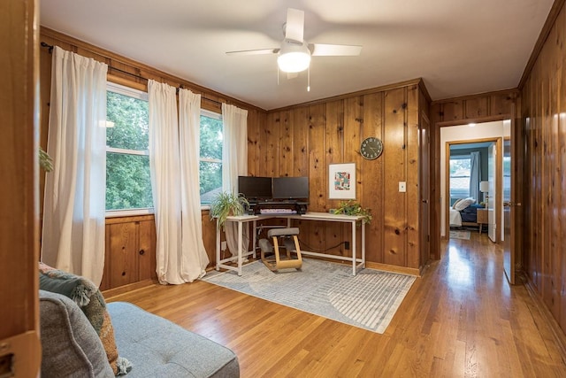 2413 Dundee Ln, Nashville, TN 37214 - office space with light wood-style floors, wooden walls, a ceiling fan, and crown molding