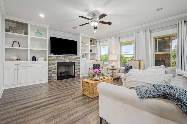 1006 Brinxton Run, Murfreesboro, TN 37128 - living area with a fireplace, ornamental molding, a ceiling fan, wood finished floors, and recessed lighting