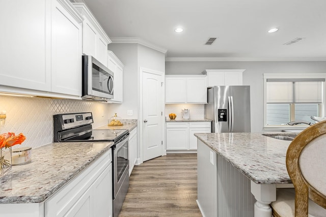 1006 Brinxton Run, Murfreesboro, TN 37128 - kitchen featuring stainless steel appliances, ornamental molding, a sink, tasteful backsplash, and wood finished floors