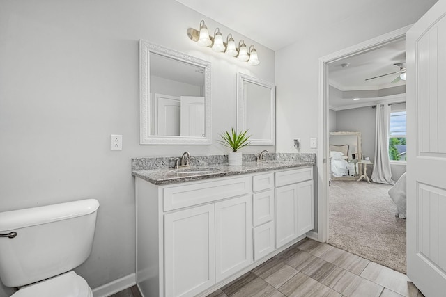 1006 Brinxton Run, Murfreesboro, TN 37128 - full bath featuring connected bathroom, toilet, double vanity, ornamental molding, and ceiling fan